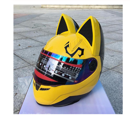 Color: Yellow, Size: XL - Motorcycle helmet with cat ears automobile race antifog full face helmet personality design with horn capacete casco