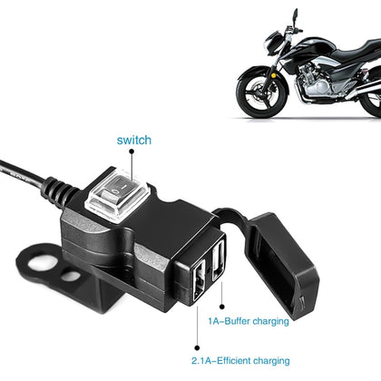 Dual USB port 12V waterproof motorcycle handlebar charger 5V 1A / 2.1A power adapter plug for mobile phone