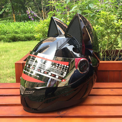 Color: Black, Size: XXL - Motorcycle helmet with cat ears automobile race antifog full face helmet personality design with horn capacete casco
