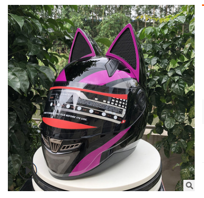 Color: Purple, Size: XL - Motorcycle helmet with cat ears automobile race antifog full face helmet personality design with horn capacete casco