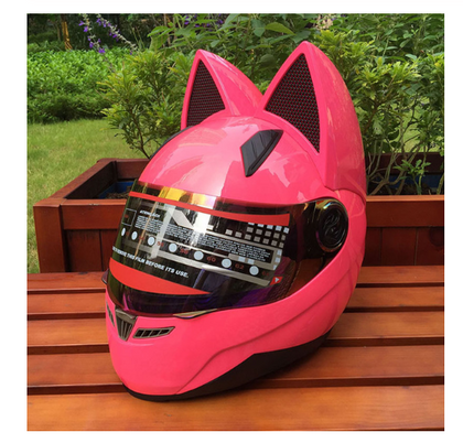 Color: Pink, Size: L - Motorcycle helmet with cat ears automobile race antifog full face helmet personality design with horn capacete casco