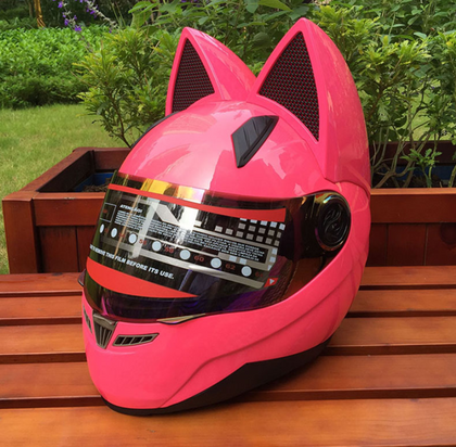 Color: Pink, Size: M - Motorcycle helmet with cat ears automobile race antifog full face helmet personality design with horn capacete casco