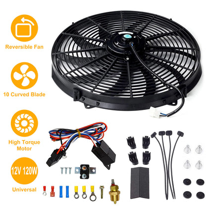 16 Inch Electric Radiator Cooling Fan 12V 120W 10 Blades Car Thermostat Kit w/ Mounting Kit