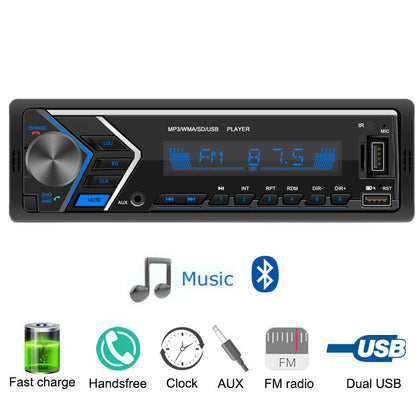1Din Car Stereo With Dual BT; Wireless Remote Control FM Radio Audio Receiver Dual USB Port; SD; AUX-in; Built-in Mic; Hands Free Calling MP3 Player