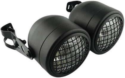 Motorcycle Twin Front Headlight Lamp W/ Bracket For Street Fat Boy Dual Sport Dirt Bikes Street Fighter Naked Cafe Racer Net twins black and white_with support