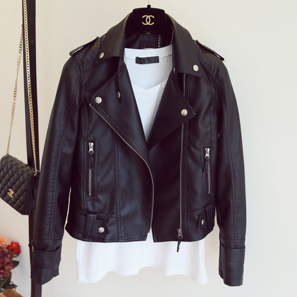 Women's autumn winter Korean style motorcycle leather jacket Color Black Size: M