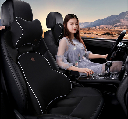 Color: Black white - Car Memory Foam Headrest Lumbar Cushion Set