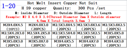 Color: 1to20 - Brass Hot Melt Inlaid Nut Hot Forming Copper Thread Kit