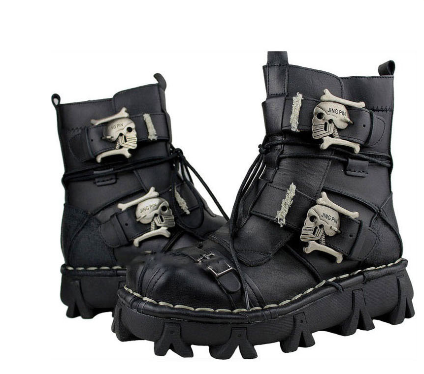 Color: Black, Size: 38 - Men's Cowhide Genuine Leather Motorcycle Boots Military Combat Boots Gothic Skull Punk Boots