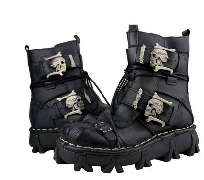 Color: Black 2, Size: 46 - Men's Cowhide Genuine Leather Motorcycle Boots Military Combat Boots Gothic Skull Punk Boots