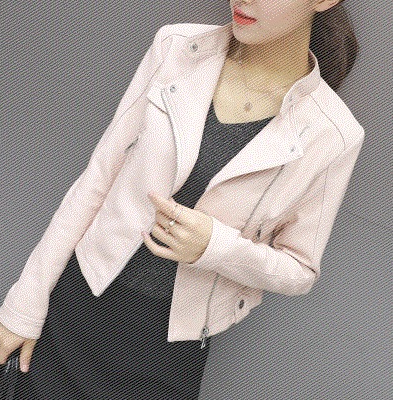 Color: Pink, Size: XL - Autumn and winter women's stand collar zipper leather short coat Korean version of pu slim slimming jacket small coat motorcycle suit