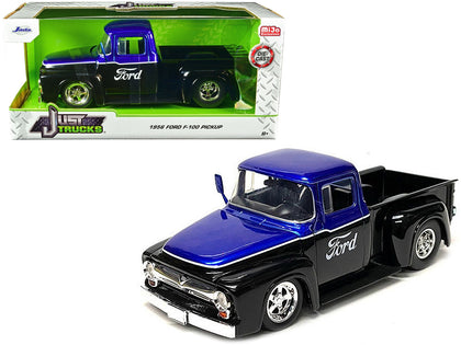 1956 Ford F-100 Pickup Truck Black and Blue Metallic with Ford Graphics 