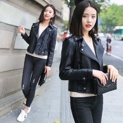 Women's autumn winter Korean style motorcycle leather jacket Color: Black Washed leather Size: S
